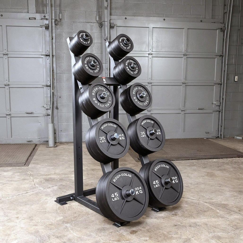 Body-Solid cast iron Olympic plate set on rack